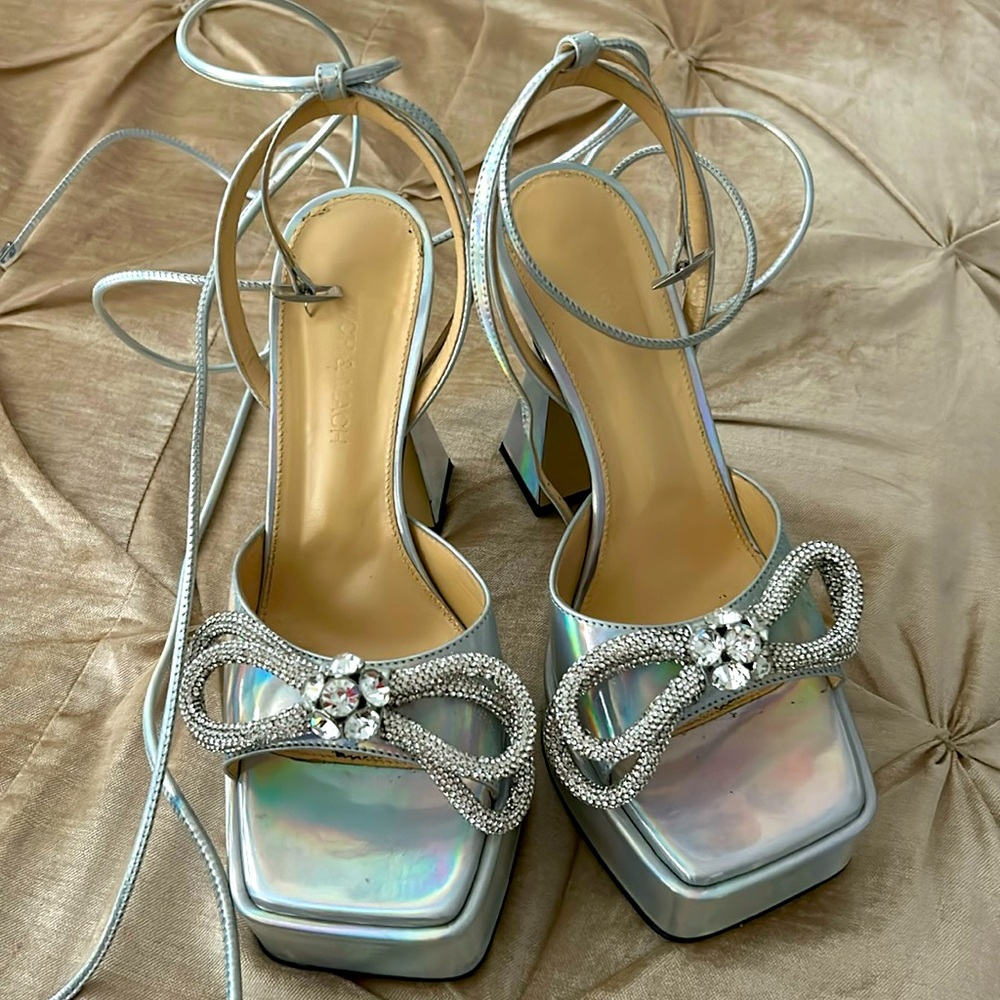 Mach & Mach leather double bow platform sandals – 140 MM. Iridescent/size 37.5.